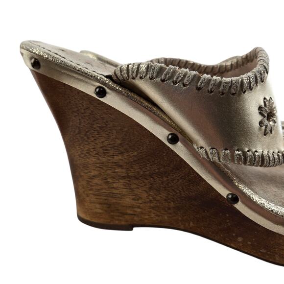 Jack Rogers Marbella Sandals 11 Gold Leather Thong High Wedge Heel Wood Studded - Picture 2 of 10